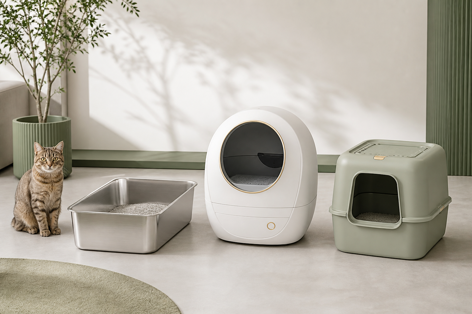 Automatic, stainless steel and covered cat litter boxes
