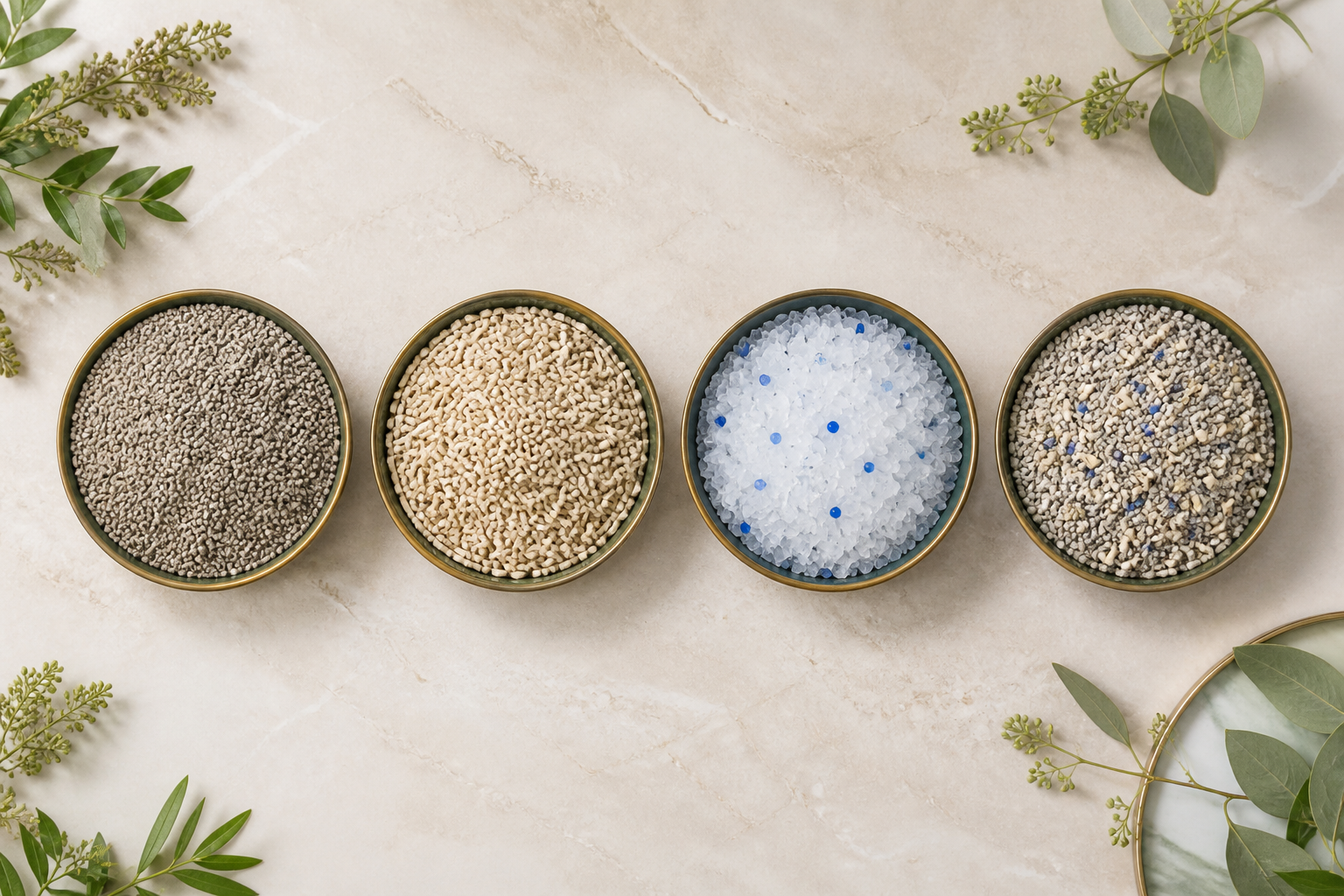 Bentonite, tofu, crystal and mixed cat litter varieties